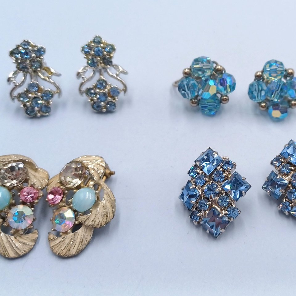 Vintage 1950's Light Blue Rhinestone Clip On Earrings Lot- 4 Pairs