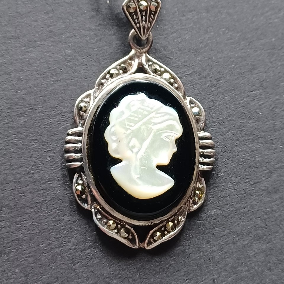 Vintage Sterling Silver, Marcasite and Carved Mother of Pearl Cameo Pendant and Sterling Chain Necklace