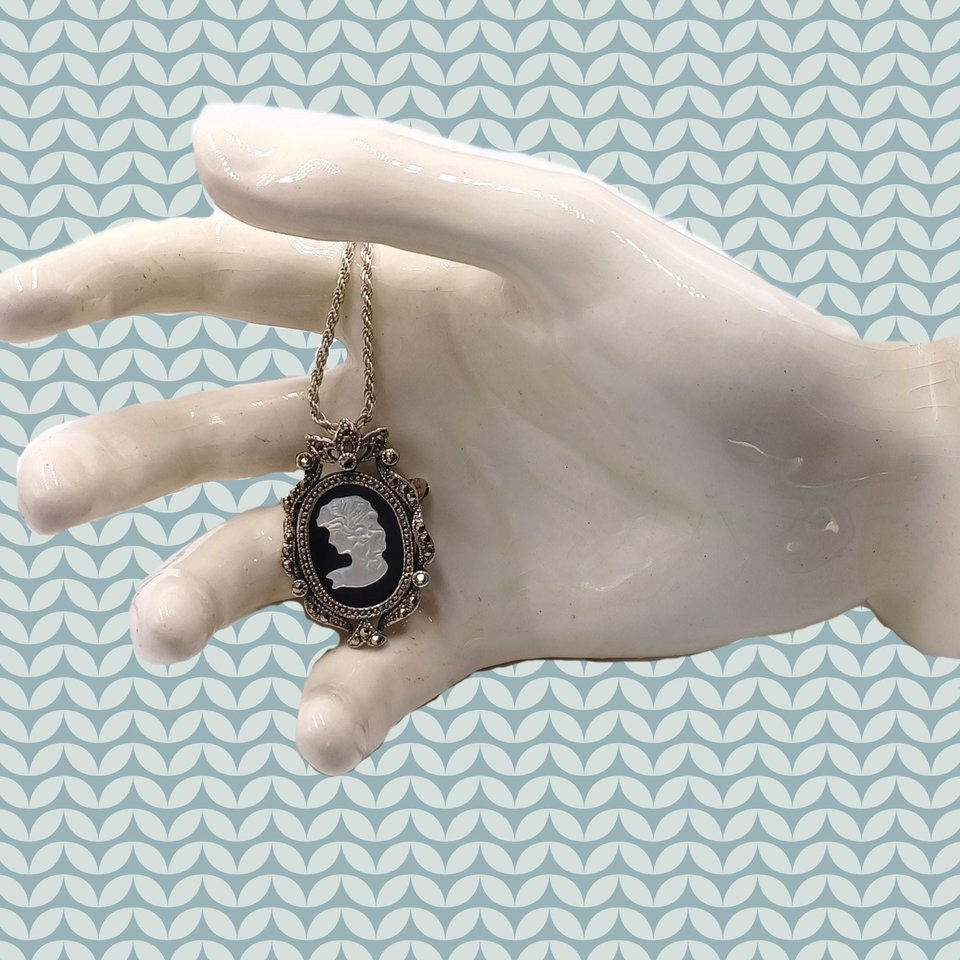 Vintage Sterling Silver, Marcasite and Carved Mother of Pearl Cameo Pendant/Brooch and Sterling Chain Necklace