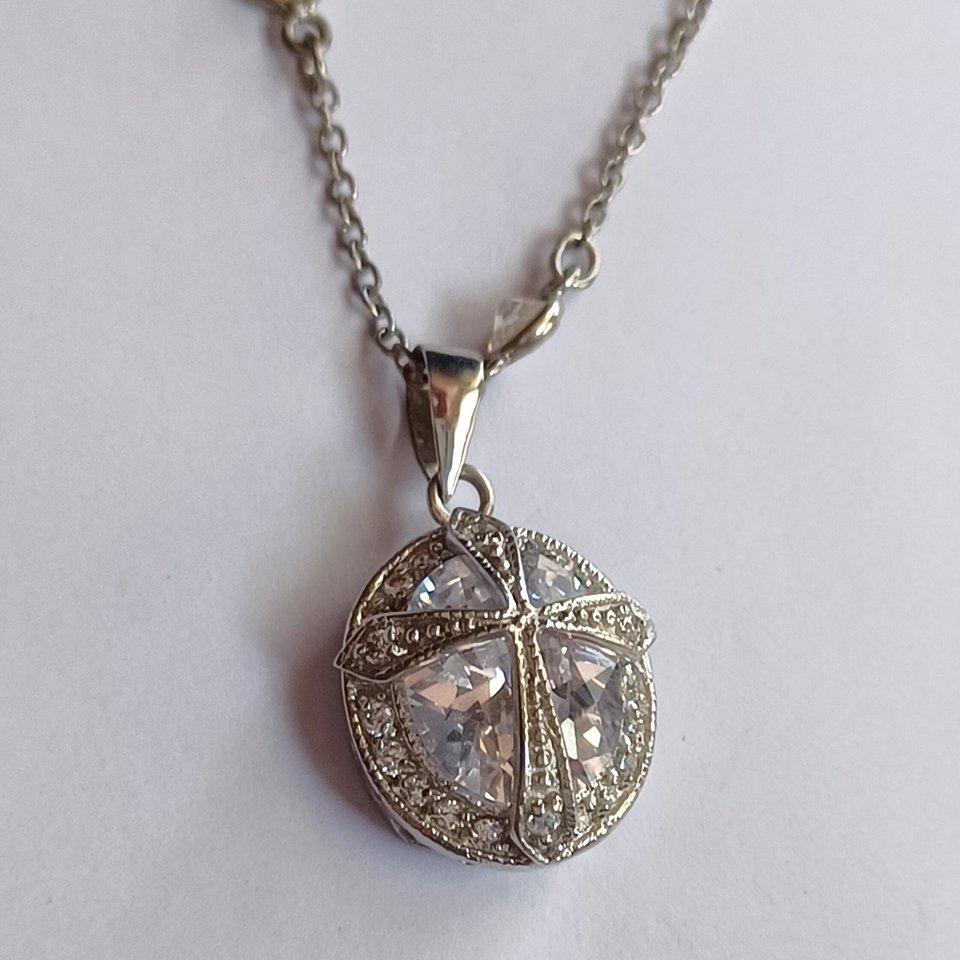 Sterling Silver and Large Cubic Zirconia Pendant on Very Long Chain Pendant Necklace