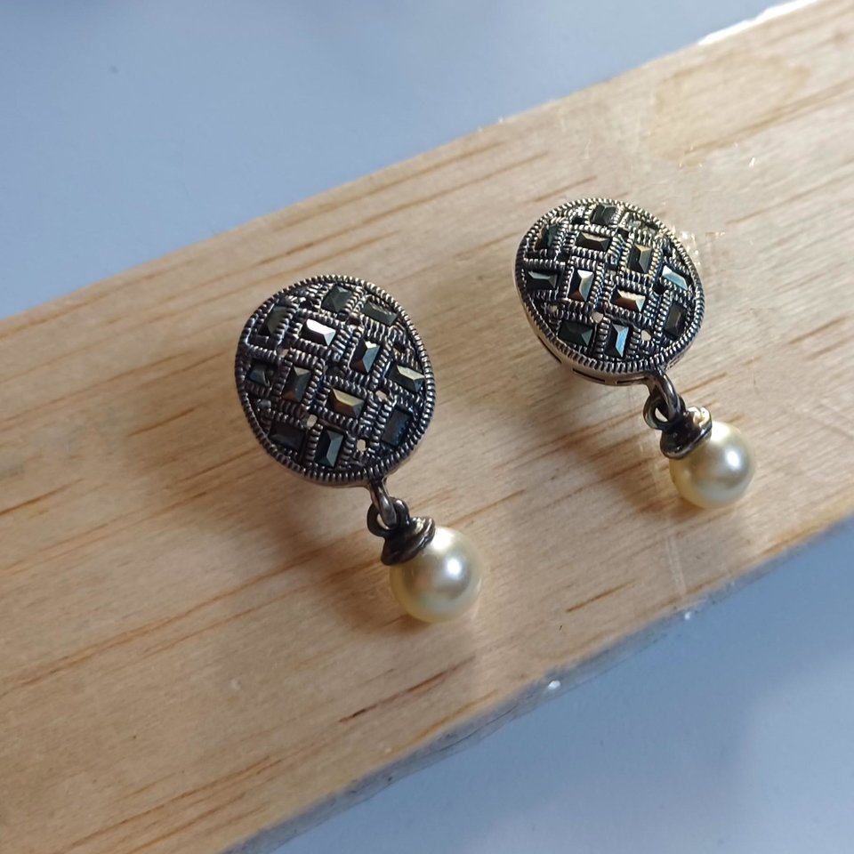 Sterling Silver and Marcasite Oval Basket Weave Design Post Earrings