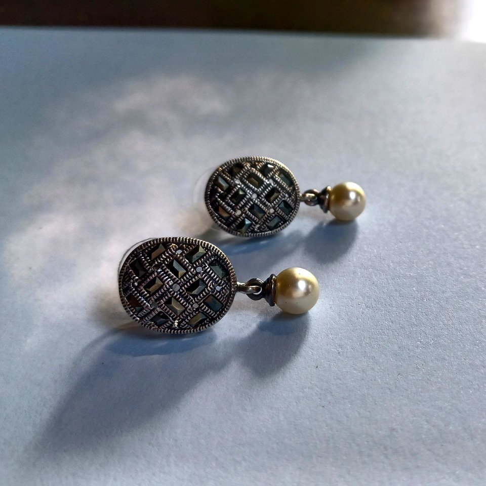 Sterling Silver and Marcasite Oval Basket Weave Design Post Earrings