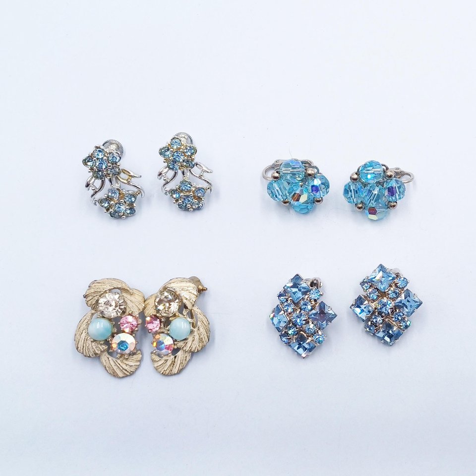 Vintage 1950's Light Blue Rhinestone Clip On Earrings Lot- 4 Pairs