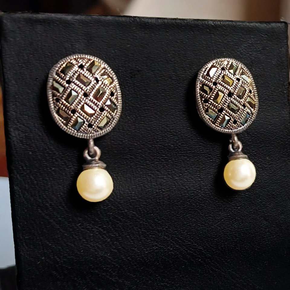Sterling Silver and Marcasite Oval Basket Weave Design Post Earrings