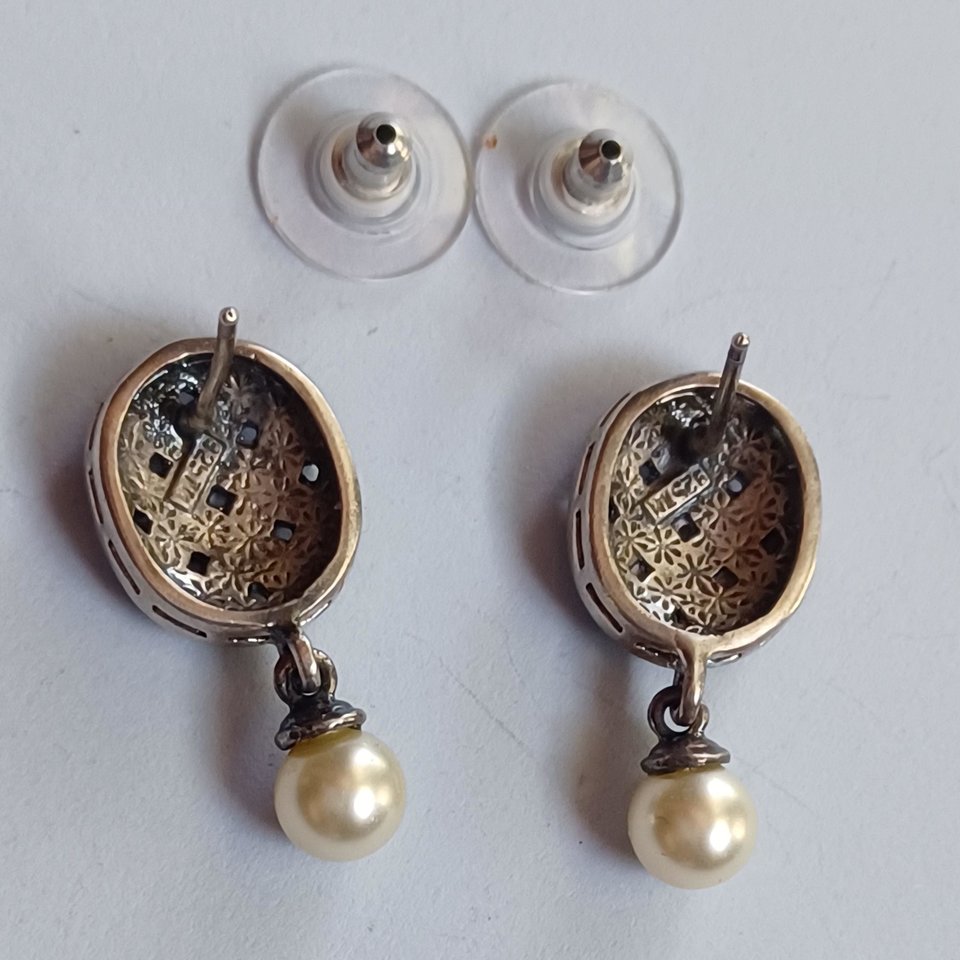 Sterling Silver and Marcasite Oval Basket Weave Design Post Earrings