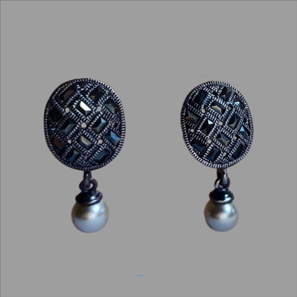 Sterling Silver and Marcasite Oval Basket Weave Design Post Earrings