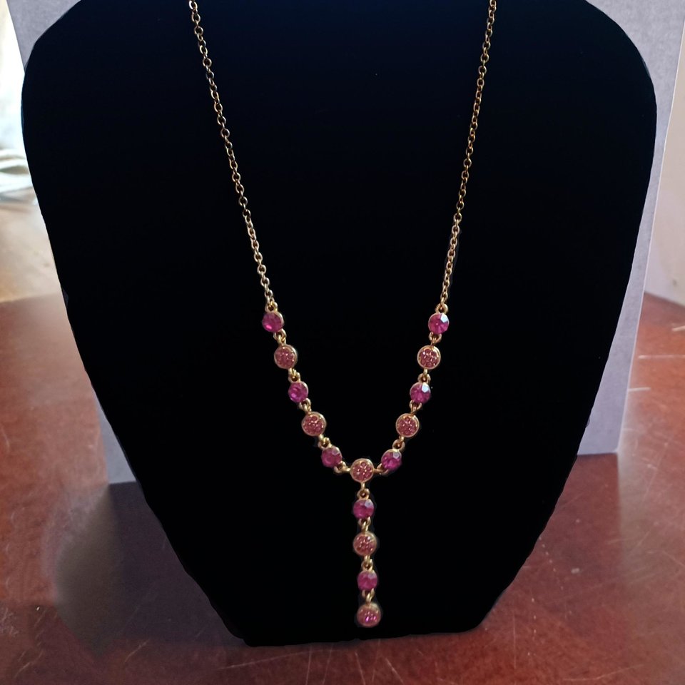Vintage Shiny Gold Tone and Hot Pink Rhinestones Lariat "Y" Necklace, Gift for Her