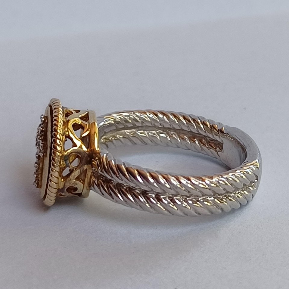 Vintage Sterling Silver, Gold Vermeil with Diamonds Cross Dangle Earrings and Ring Jewelry Set