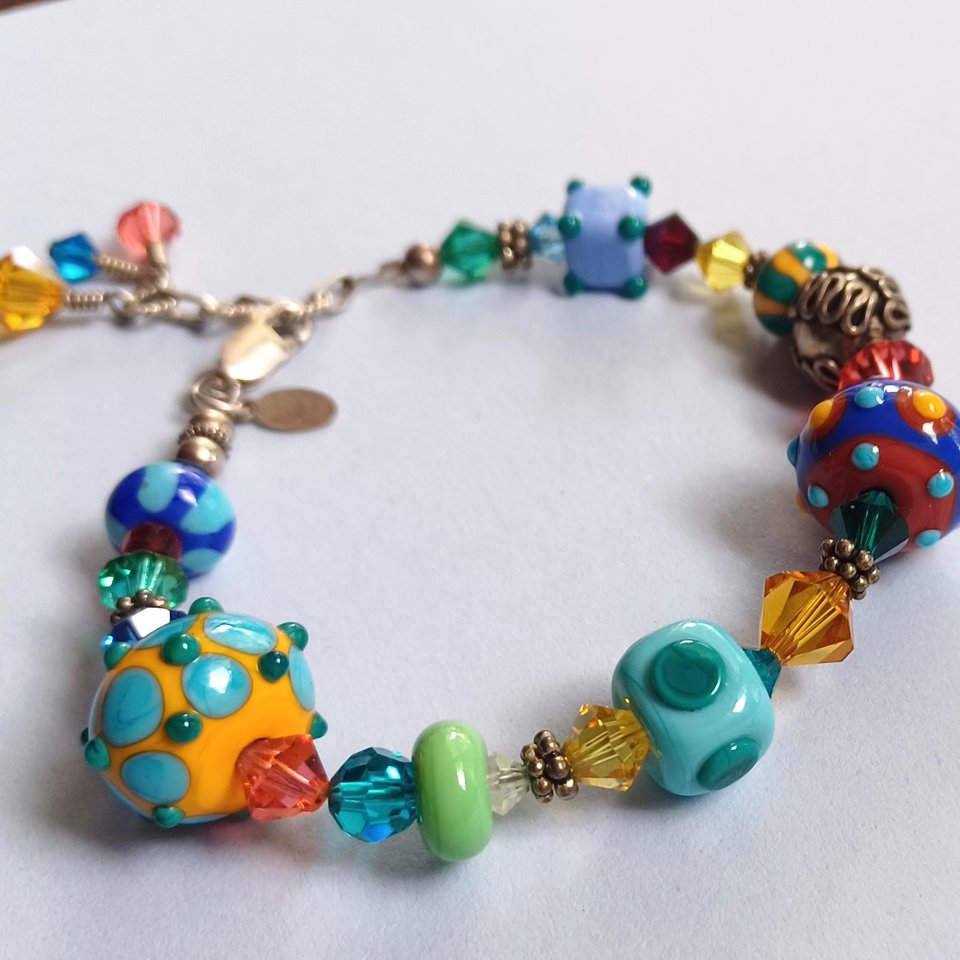 Colorful and Fun, Signed JB, Lampwork Glass and Crystal Bicone Beads Beaded Bracelet