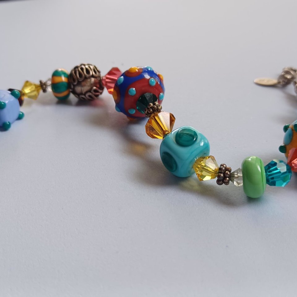Colorful and Fun, Signed JB, Lampwork Glass and Crystal Bicone Beads Beaded Bracelet