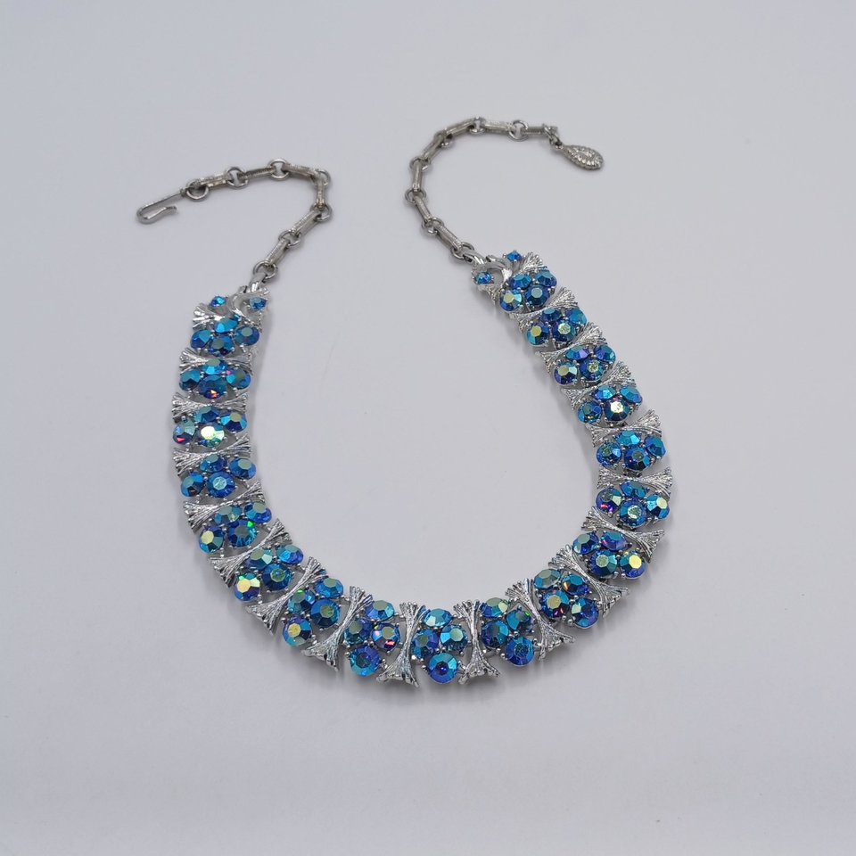 Vintage Lisner and Pakula Silver Tone and Light Blue Peacock Aurora Borealis Rhinestones Jewelry Set, Maximum Sparkle, Demi Parure