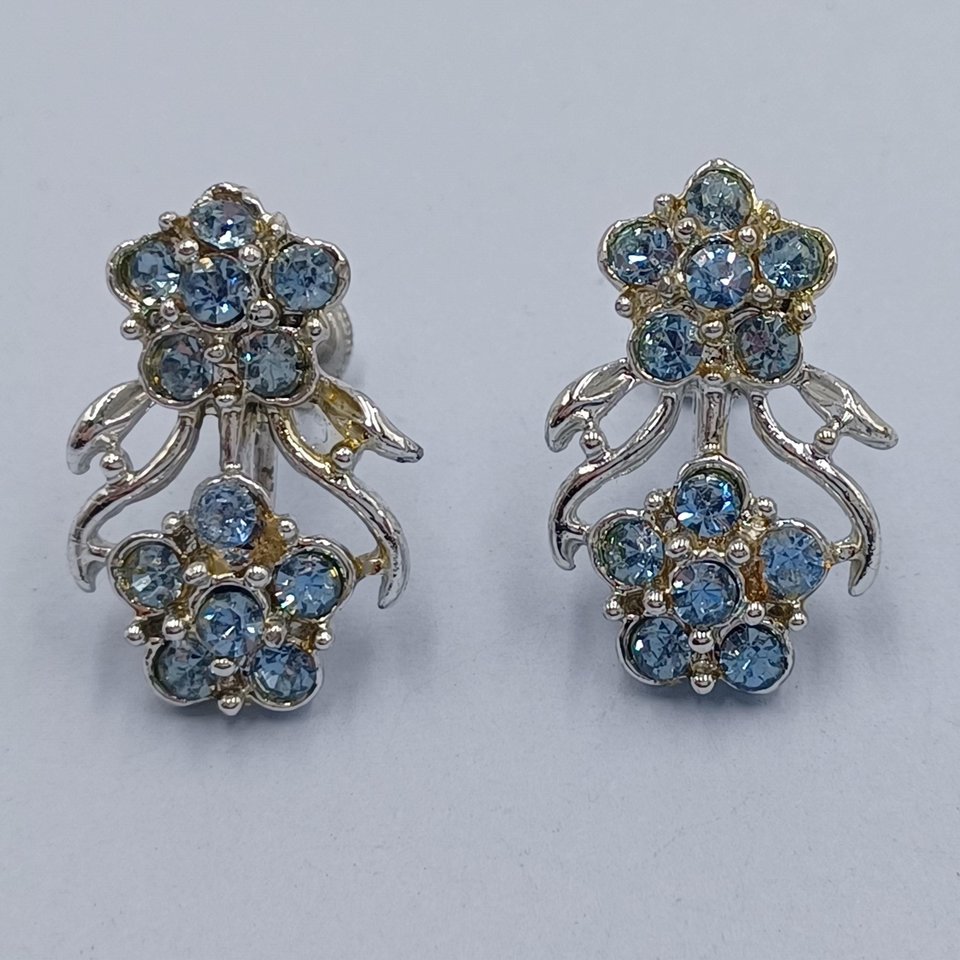 Vintage 1950's Light Blue Rhinestone Clip On Earrings Lot- 4 Pairs