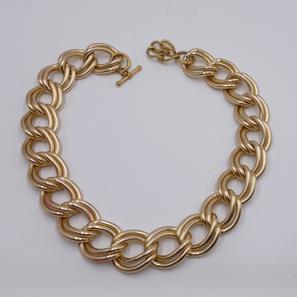 Vintage Large Matte Gold Tone Double Link Toggle Statement Necklace