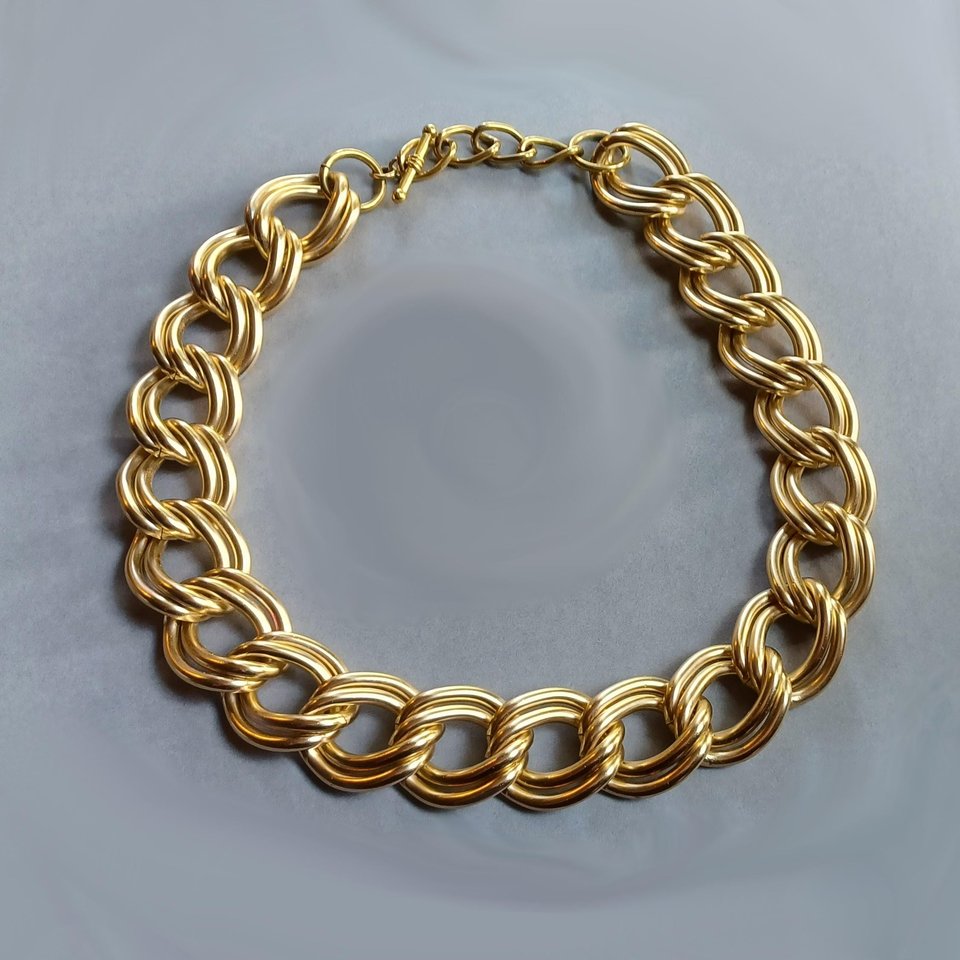 Vintage Large Matte Gold Tone Double Link Toggle Statement Necklace