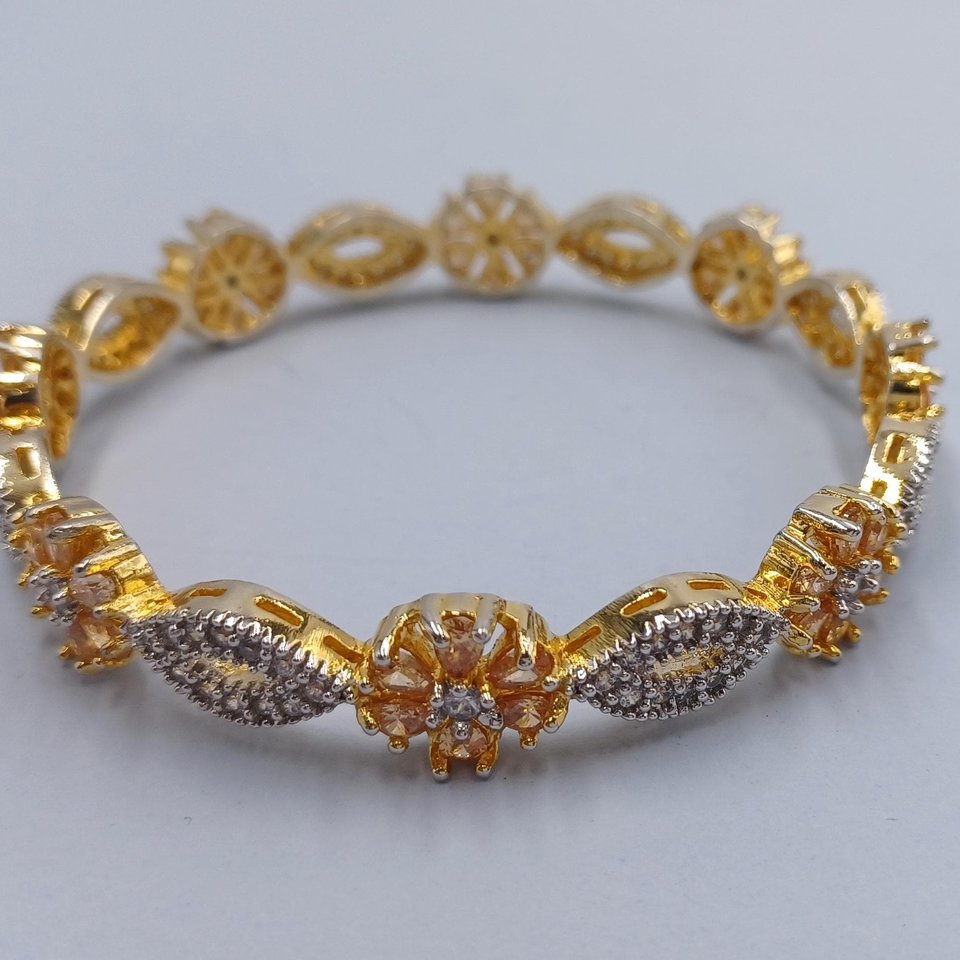 Vintage Cubic Zirconia and Peach Gems Gold Plated Bangle Bracelet for Women
