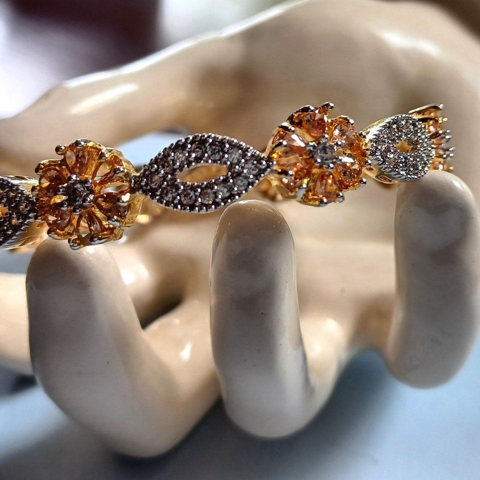 Vintage Cubic Zirconia and Peach Gems Gold Plated Bangle Bracelet for Women