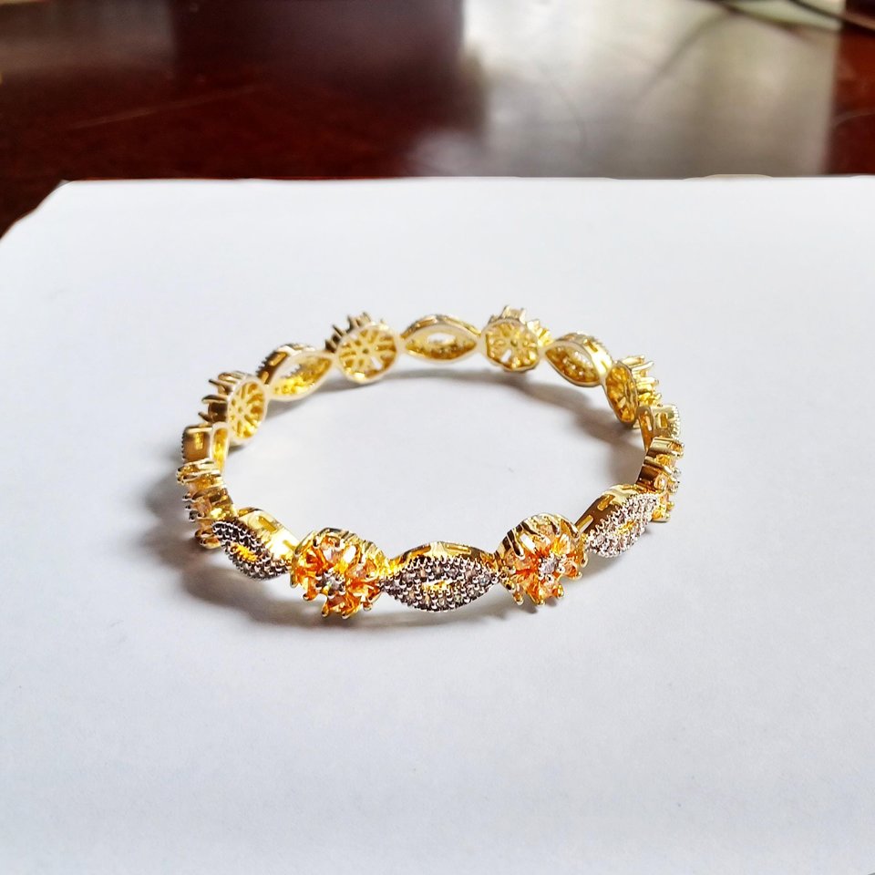 Vintage Cubic Zirconia and Peach Gems Gold Plated Bangle Bracelet for Women