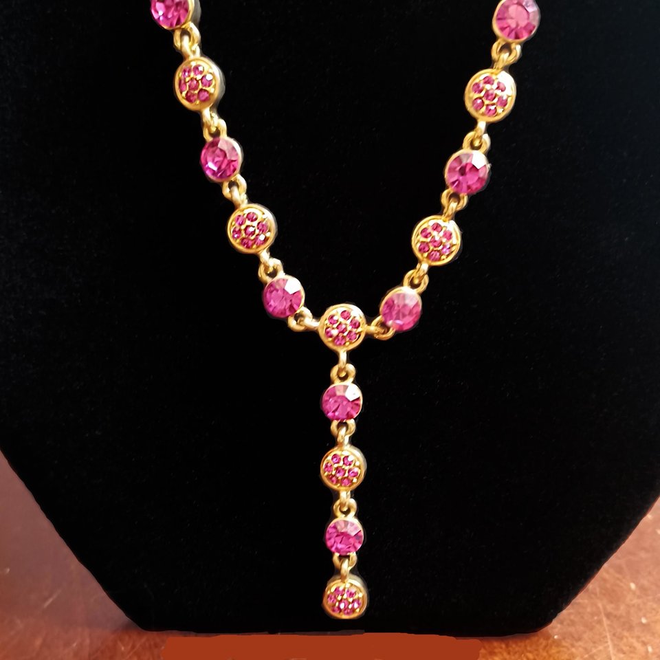 Vintage Shiny Gold Tone and Hot Pink Rhinestones Lariat "Y" Necklace, Gift for Her
