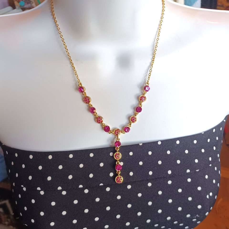 Vintage Shiny Gold Tone and Hot Pink Rhinestones Lariat "Y" Necklace, Gift for Her