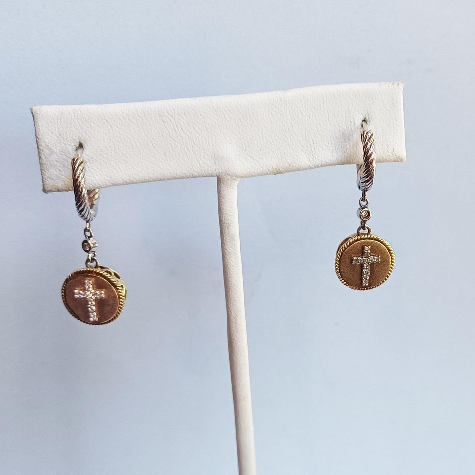 Vintage Sterling Silver, Gold Vermeil with Diamonds Cross Dangle Earrings and Ring Jewelry Set
