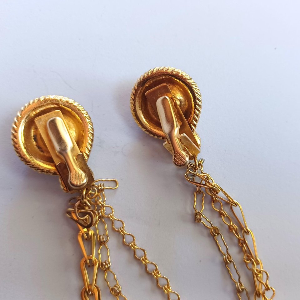 Vintage Shiny Gold Tone with 3 Chains and Pink Rhinestones Sweater Clips