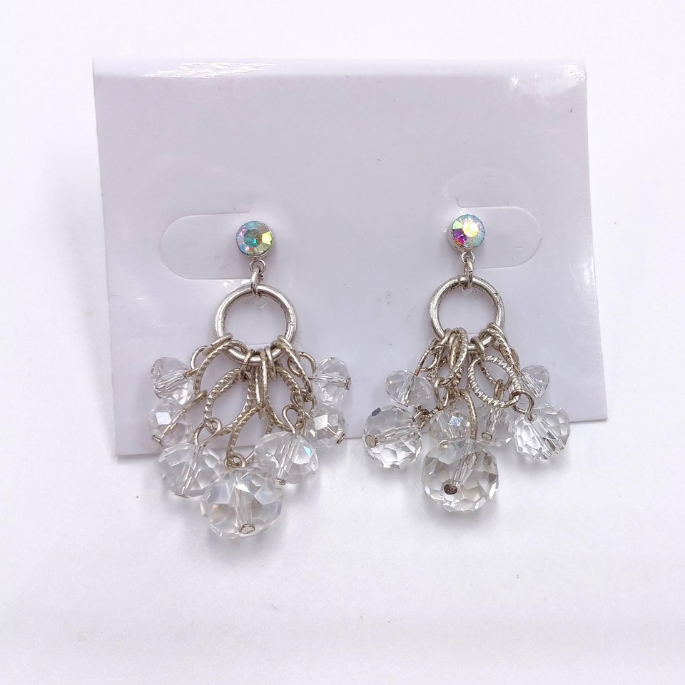Gorgeous Vintage Silver Tone Aurora Borealis Iridescent Crystals Dangle Cha-Cha Earrings, Super Sparkly!