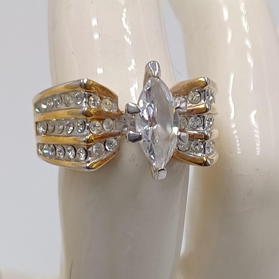 Vintage RSC Gold Tone Marquis Cut CZ Statement Fashion Ring, Size 7.5