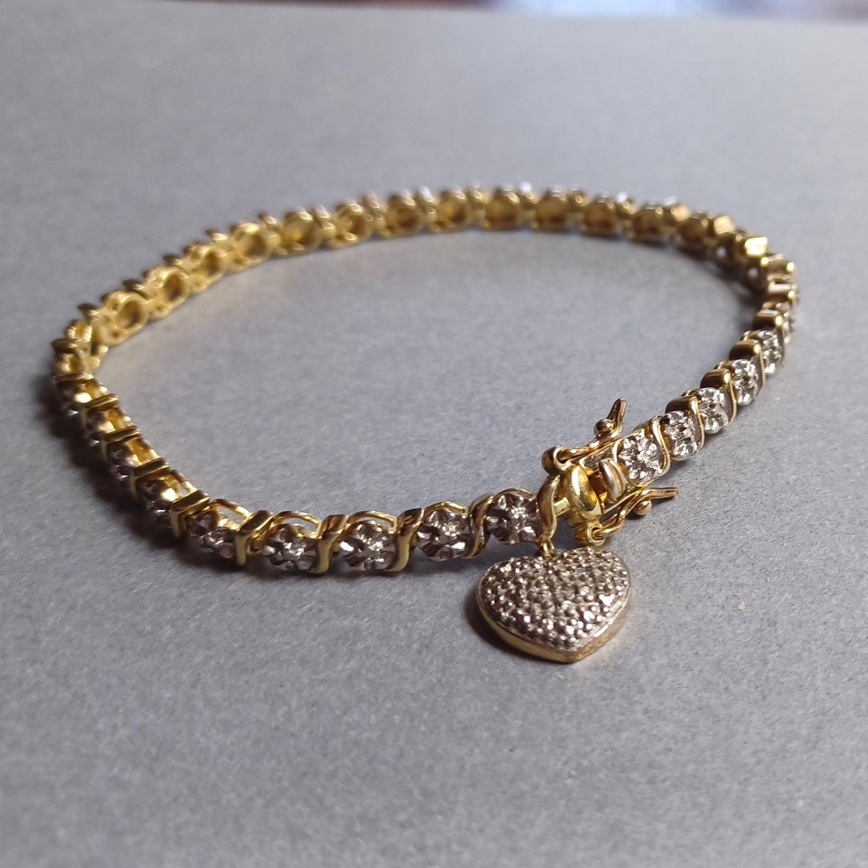 Ross Simmons Vermeil Link Tennis Bracelet with Heart Charm, Gold Over Sterling, Gift for Her