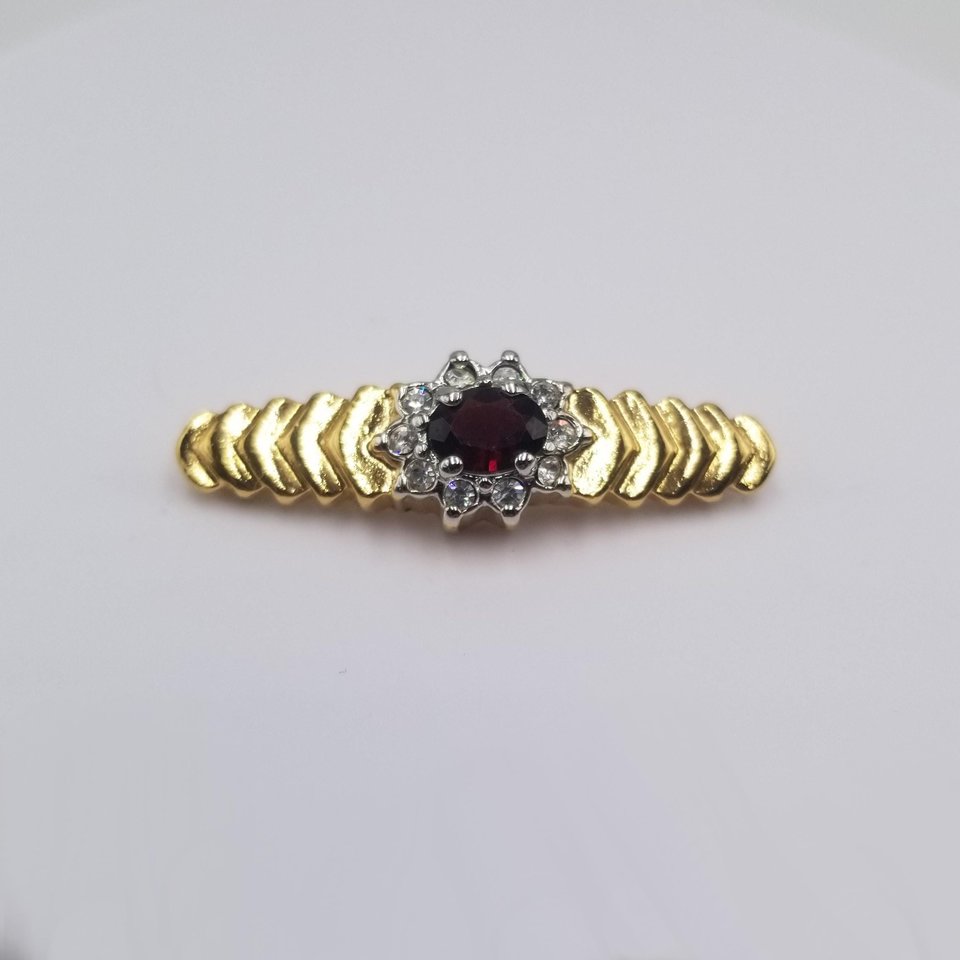 Vintage Gold Plated and Simulated Garnet and Rhinestones Bar Pin Brooch