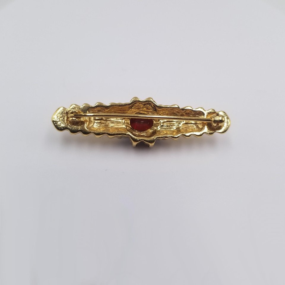 Vintage Gold Plated and Simulated Garnet and Rhinestones Bar Pin Brooch