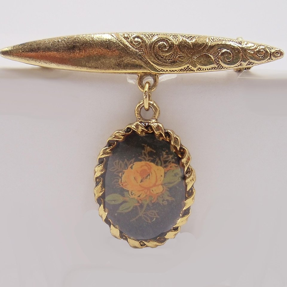 Vintage Victorian Revival Gold Tone Bar Pin with Dangling Portrait of a Rose Brooch