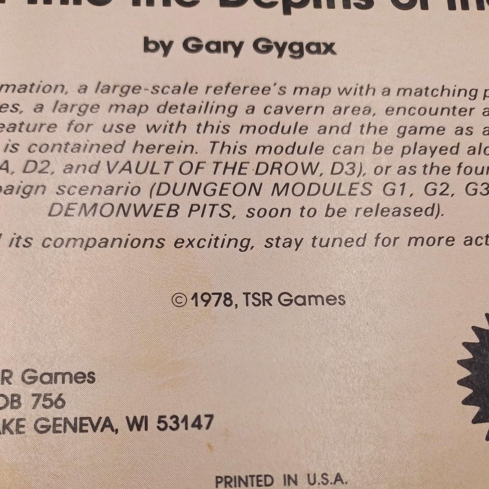 Advanced Dungeons and Dragons Module D1, 1978, Descent into the Depths of the Earth