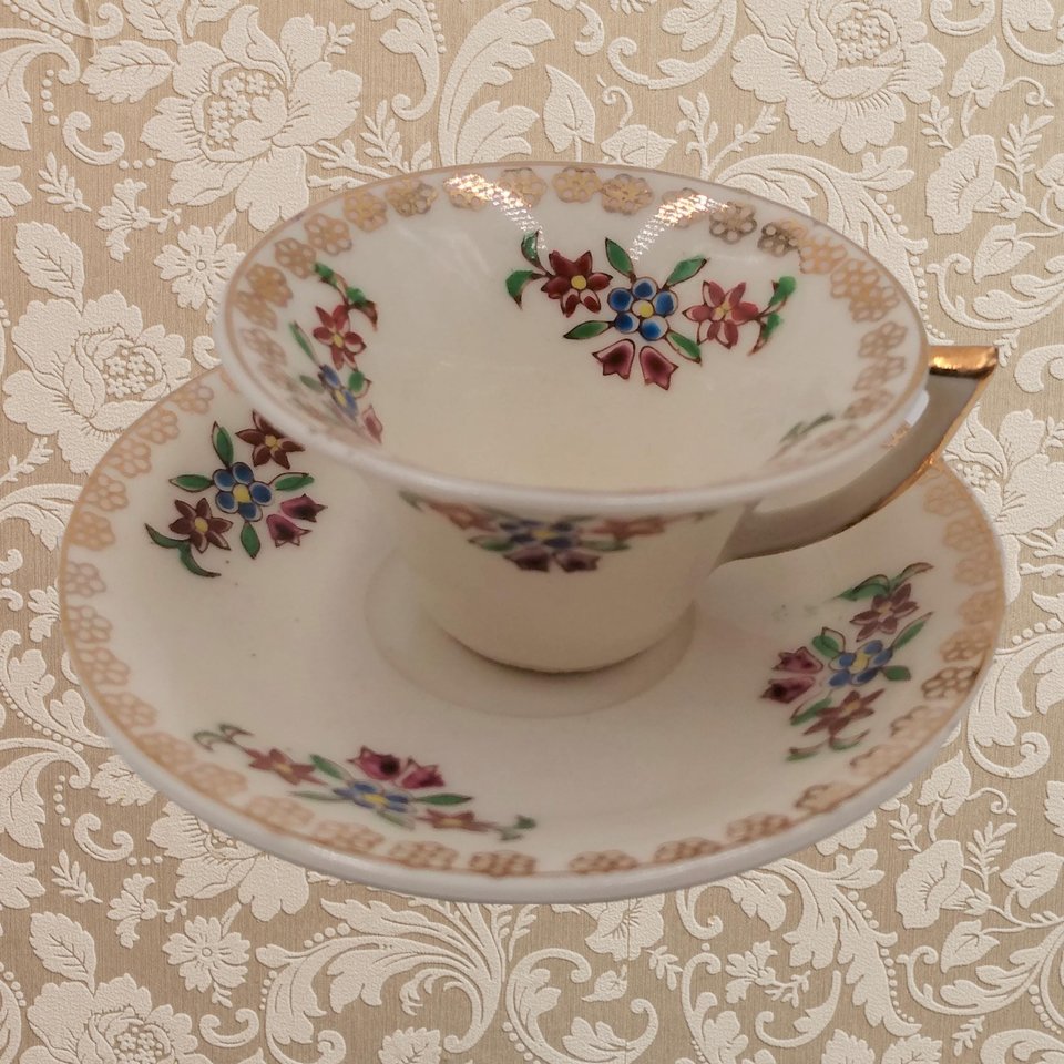 Miniature Teacup Demitasse Cup and Saucer Set, Floral Design Made in Occupied Japan, Vintage