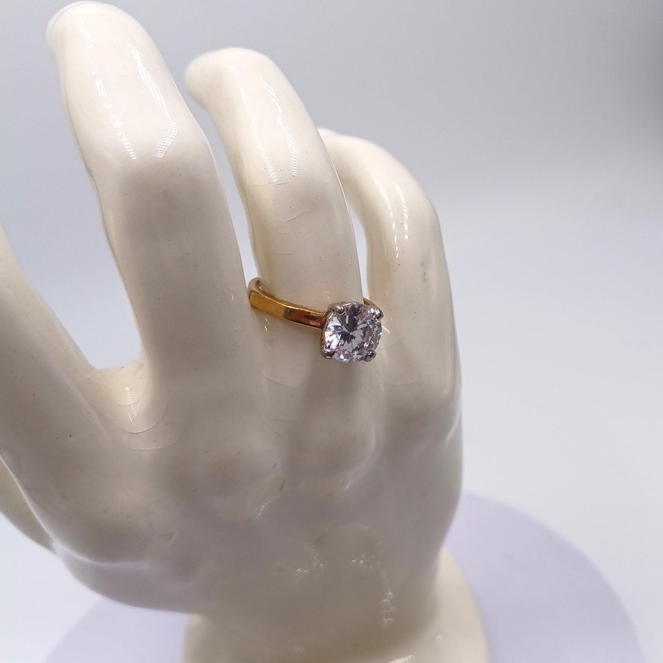 18K Gold Plated Large 2 Carat Cubic Zirconia Solitaire Engagement Ring, Size 7