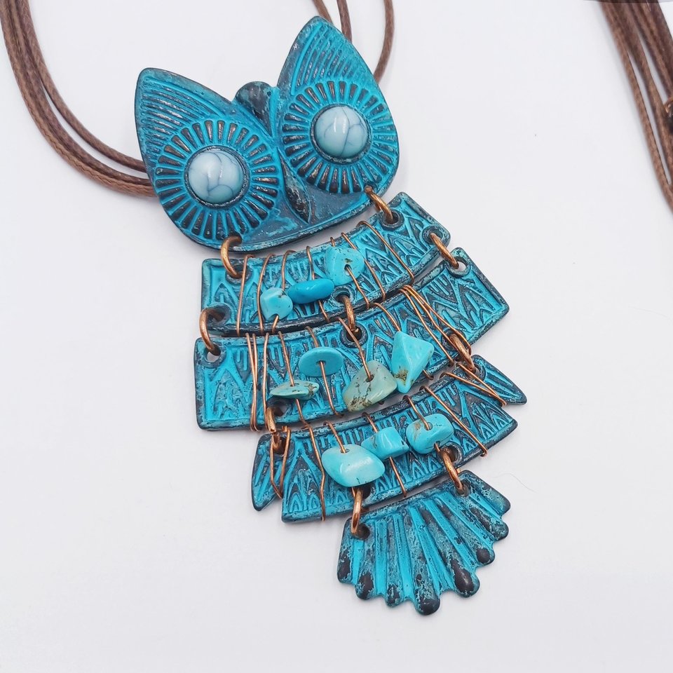 Vintage Southwestern Large Articulated Owl Pendant Necklace, Owl Lover Gift