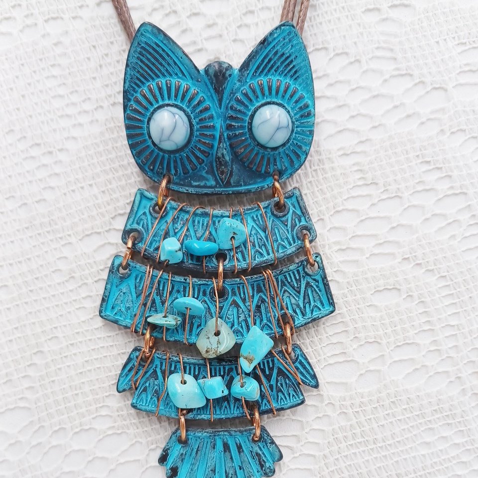 Vintage Southwestern Large Articulated Owl Pendant Necklace, Owl Lover Gift