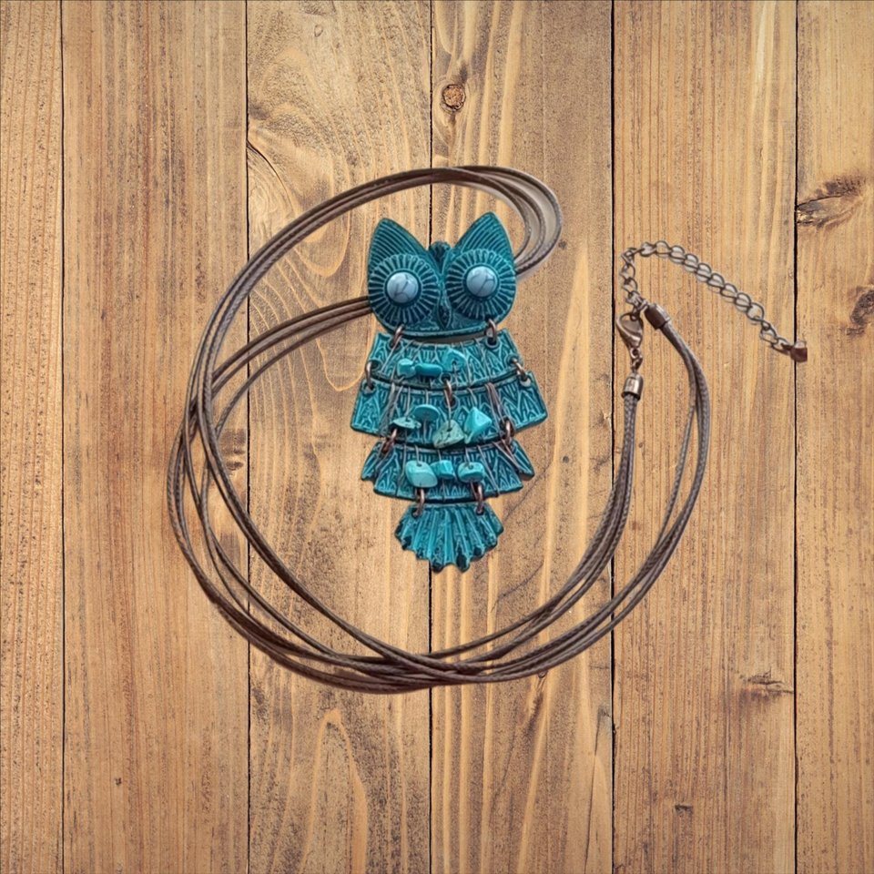 Vintage Southwestern Large Articulated Owl Pendant Necklace, Owl Lover Gift