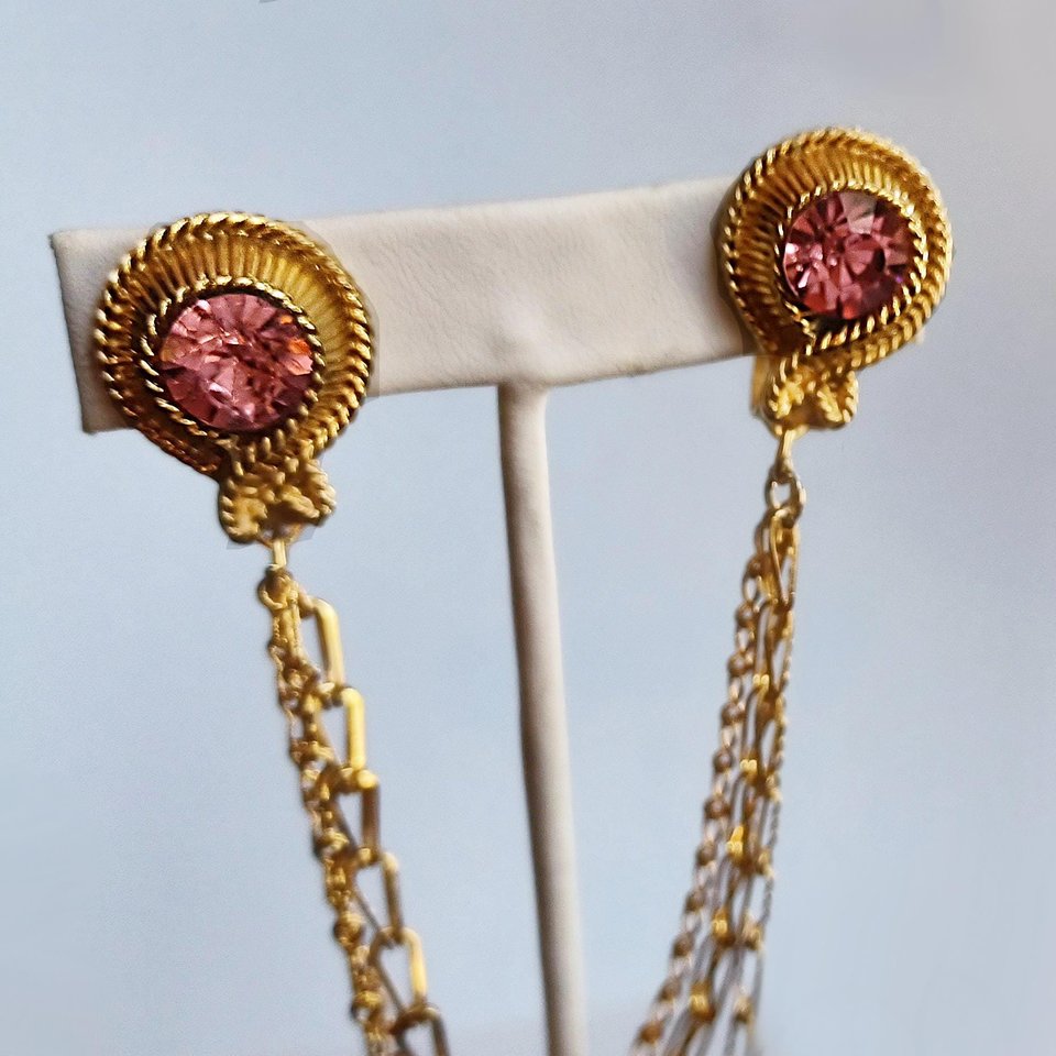 Vintage Shiny Gold Tone with 3 Chains and Pink Rhinestones Sweater Clips