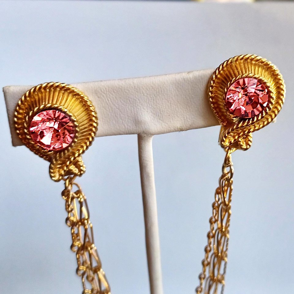 Vintage Shiny Gold Tone with 3 Chains and Pink Rhinestones Sweater Clips