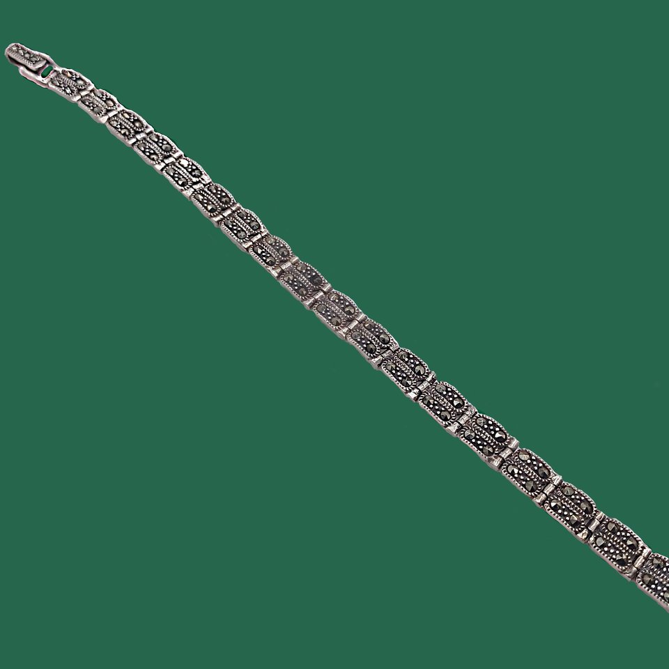 Sterling Silver and Marcasite Art Deco Link Panel Bracelet, Gift for Her