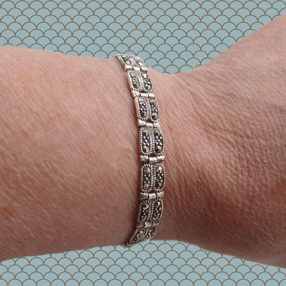 Sterling Silver and Marcasite Art Deco Link Panel Bracelet, Gift for Her