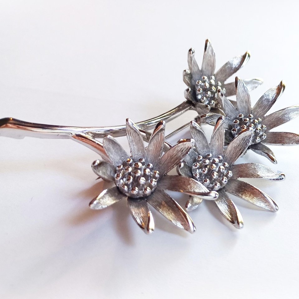 Vintage Large Signed Judy Lee Mid Century Silver Tone Multi-Flower Brooch, Gift for Her