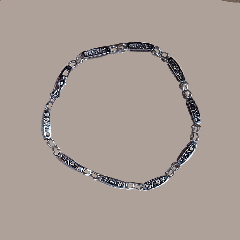 Vintage Sterling Silver Open Work Love Panel Link Tennis Bracelet, Tiny Diamonds