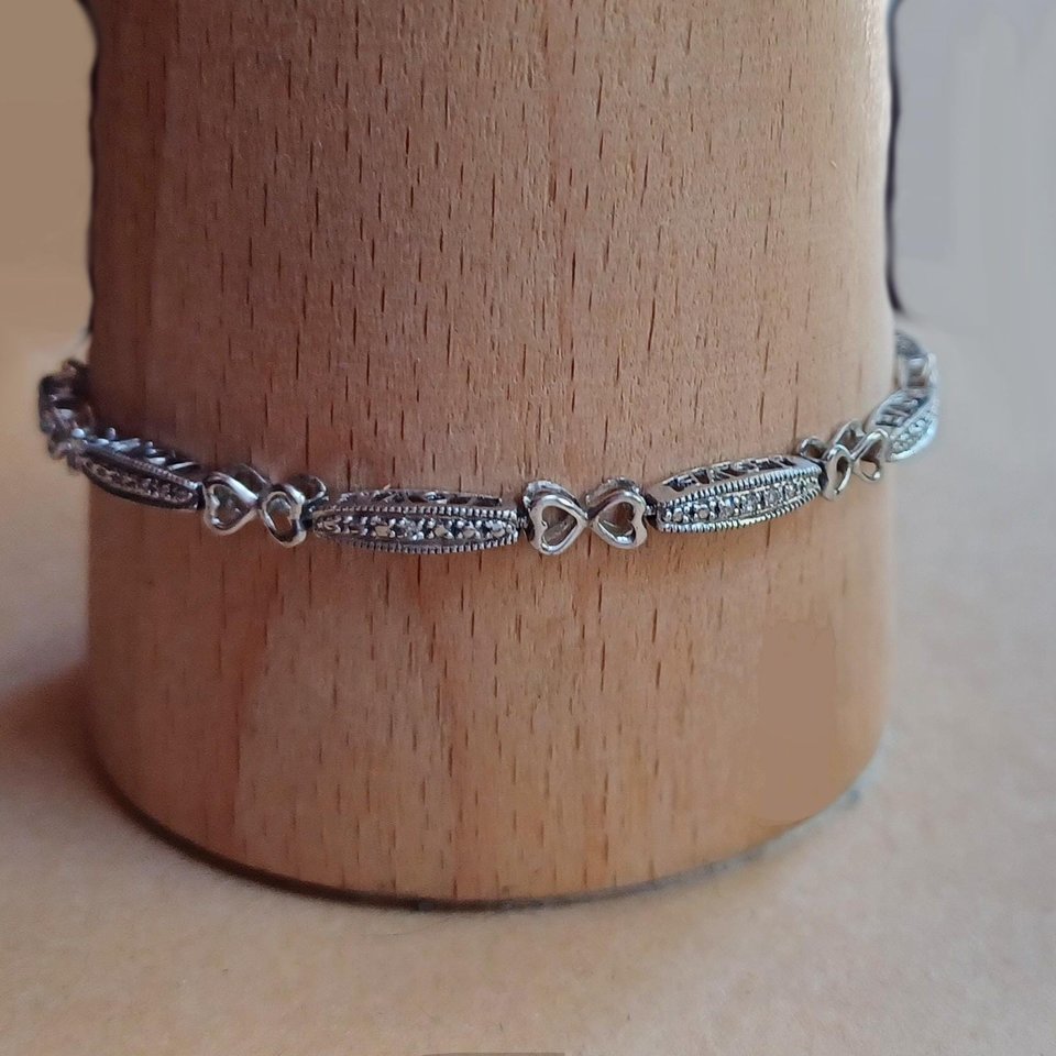 Vintage Sterling Silver Open Work Love Panel Link Tennis Bracelet, Tiny Diamonds