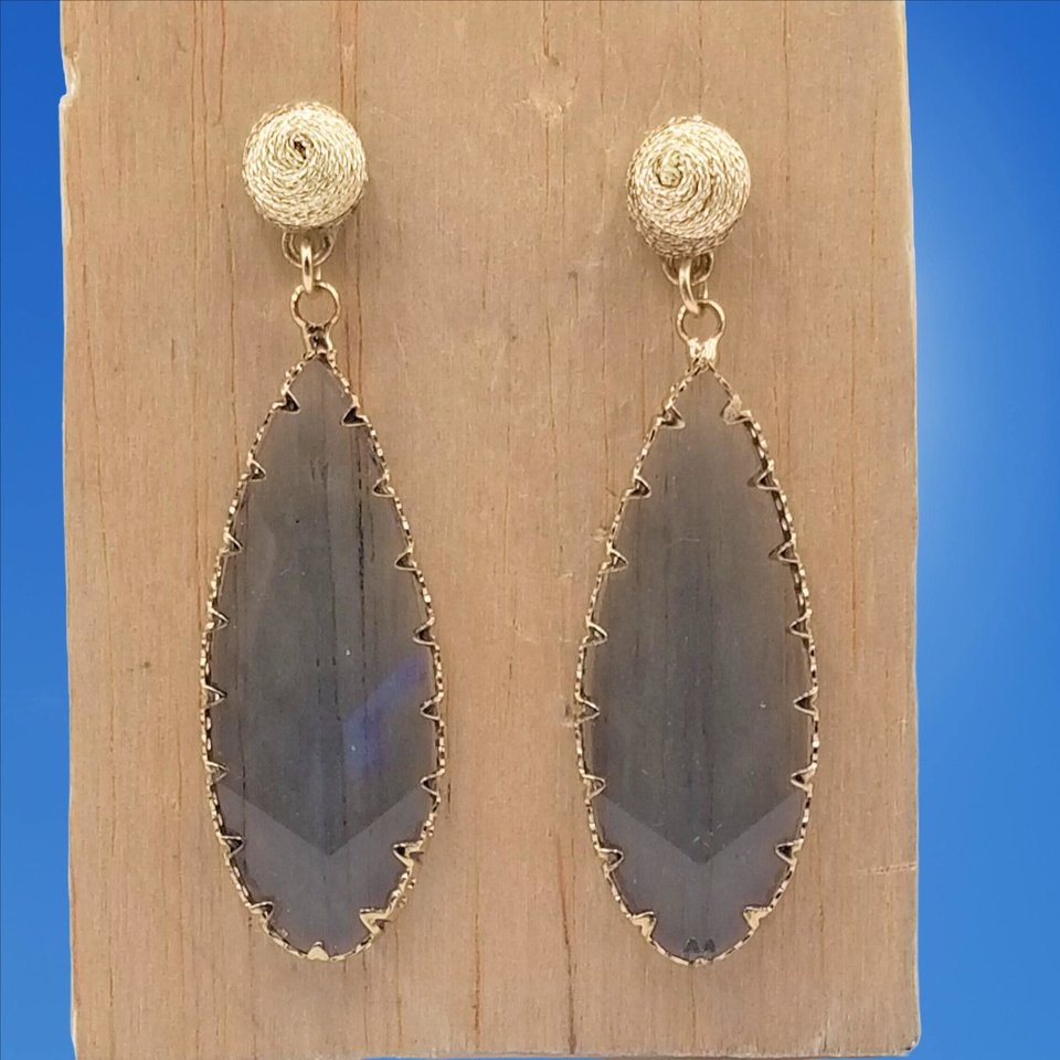 Elegant Vintage Fashion Gold and Smokey Grey Beveled Glass Leaf Dangle Pierced Earrings