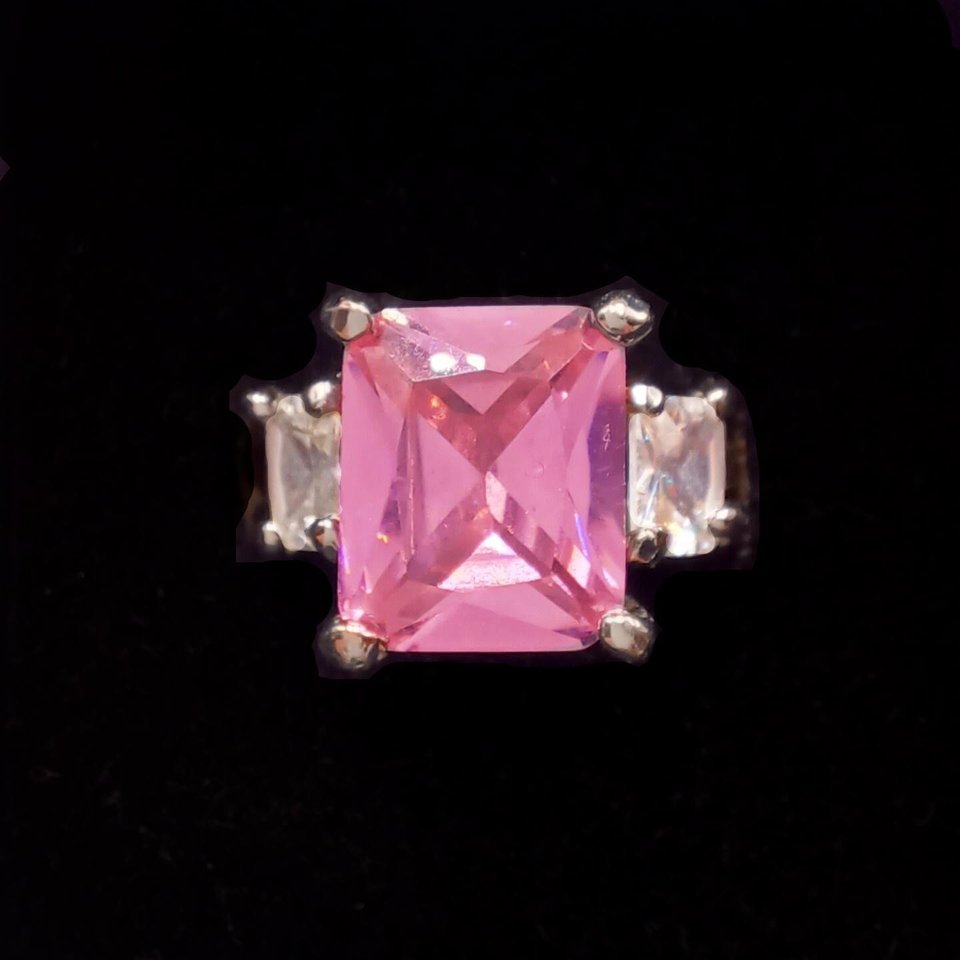 Fun Vintage Silver Tone Large Pink and Clear Princess Cut Cubic Zirconia Fashion Ring Size 5.75