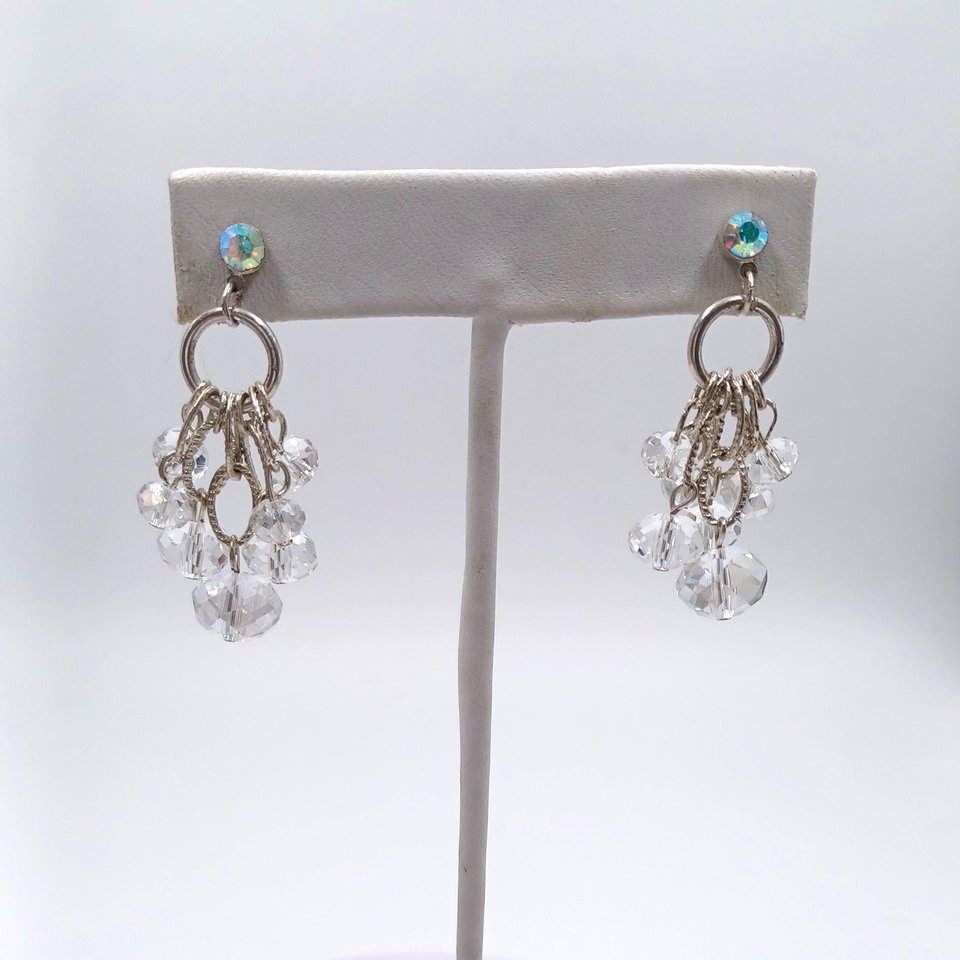 Gorgeous Vintage Silver Tone Aurora Borealis Iridescent Crystals Dangle Cha-Cha Earrings, Super Sparkly!