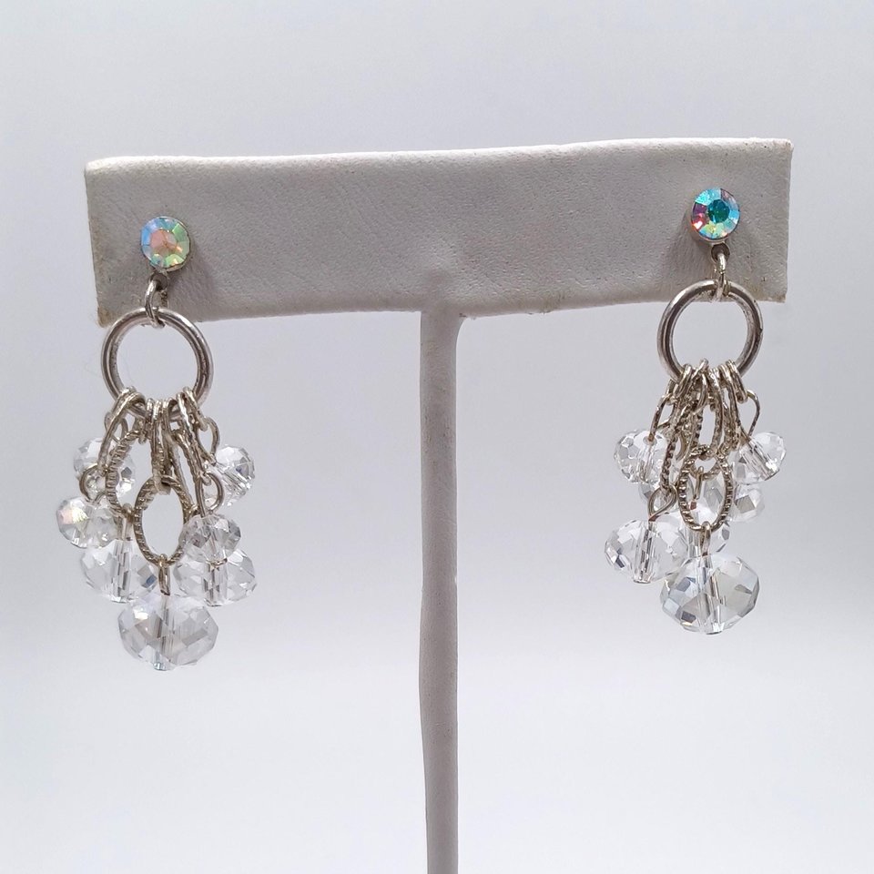 Gorgeous Vintage Silver Tone Aurora Borealis Iridescent Crystals Dangle Cha-Cha Earrings, Super Sparkly!