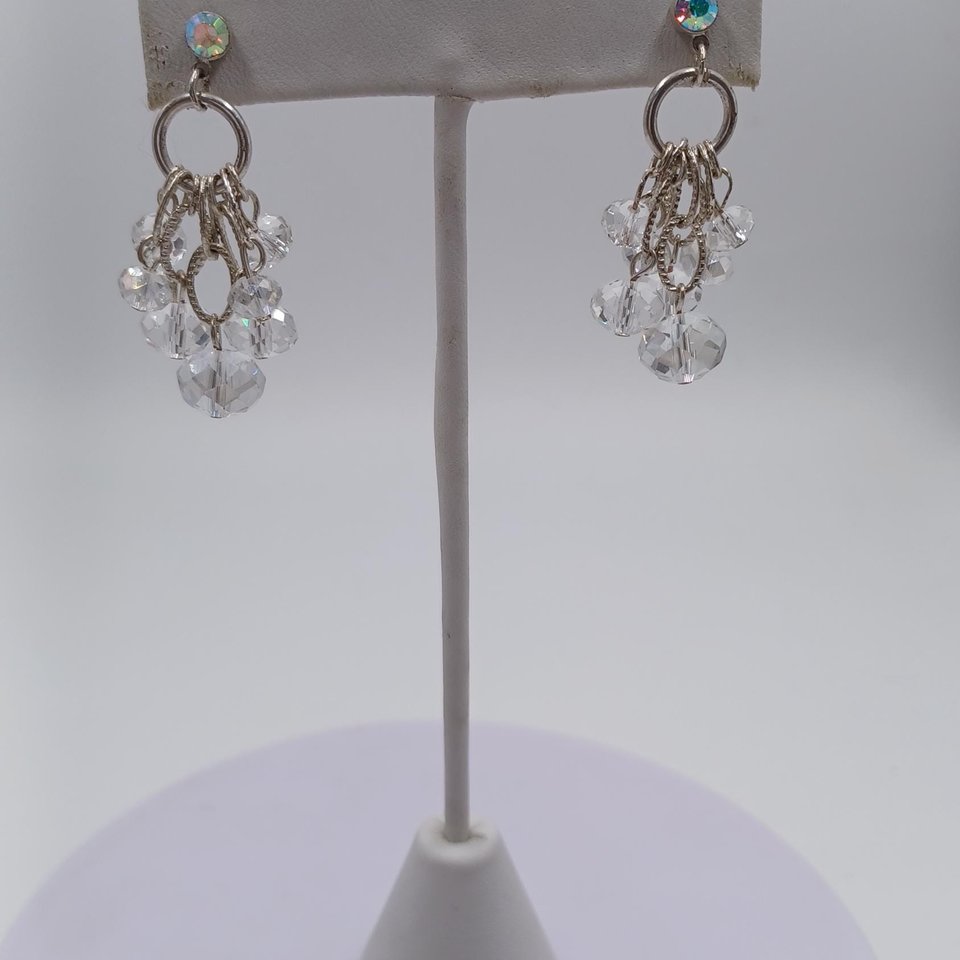 Gorgeous Vintage Silver Tone Aurora Borealis Iridescent Crystals Dangle Cha-Cha Earrings, Super Sparkly!