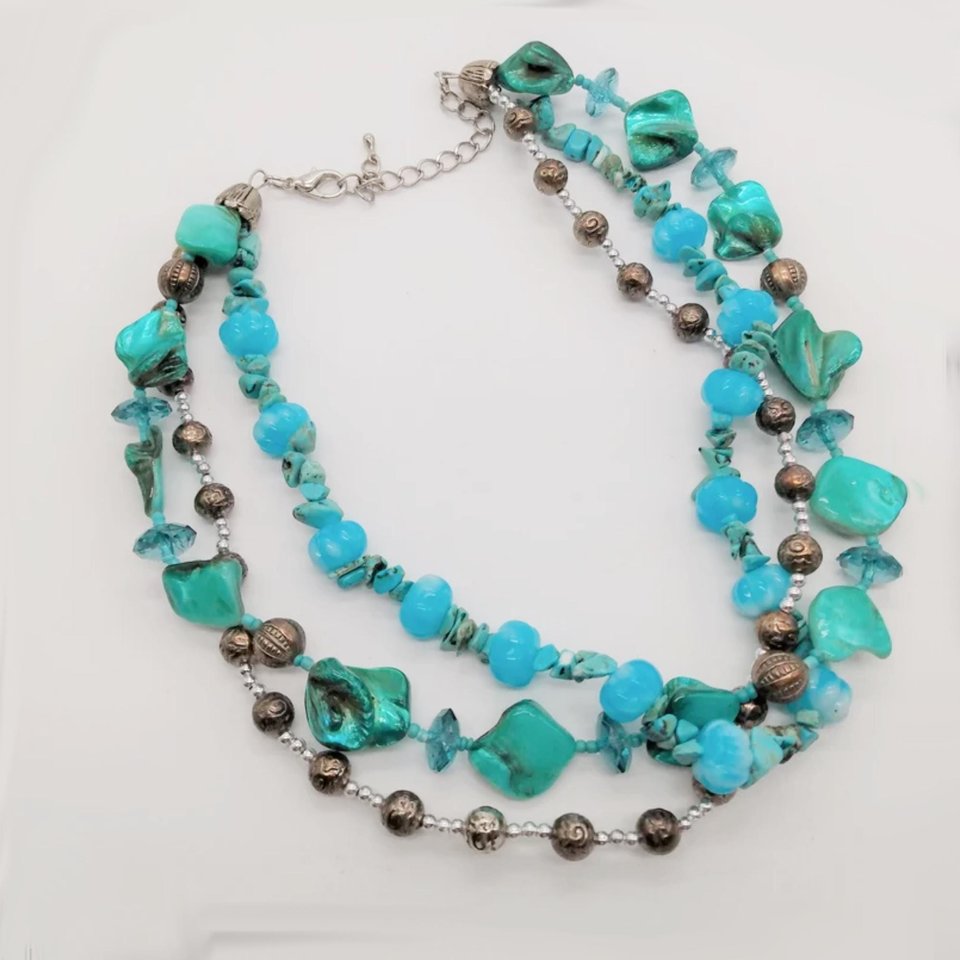 Vintage Teal Dyed Mother of Pearl, Silver, Glass, Crystal Turquoise Beaded Multi Strand Statement Necklace